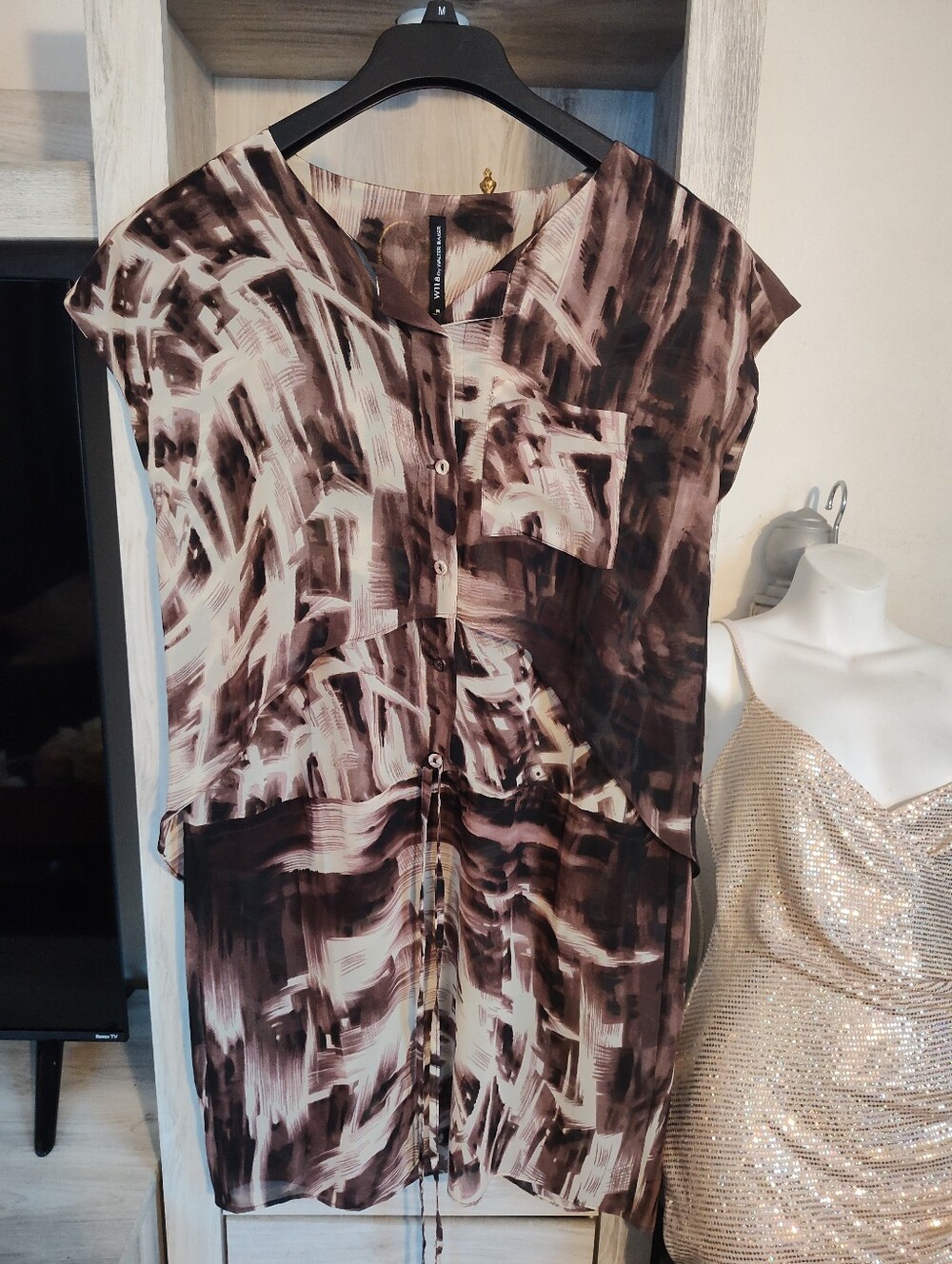 W118 by Walter Baker Abstract Brushstroke  Sheer dress Brown and Cream Tunic
